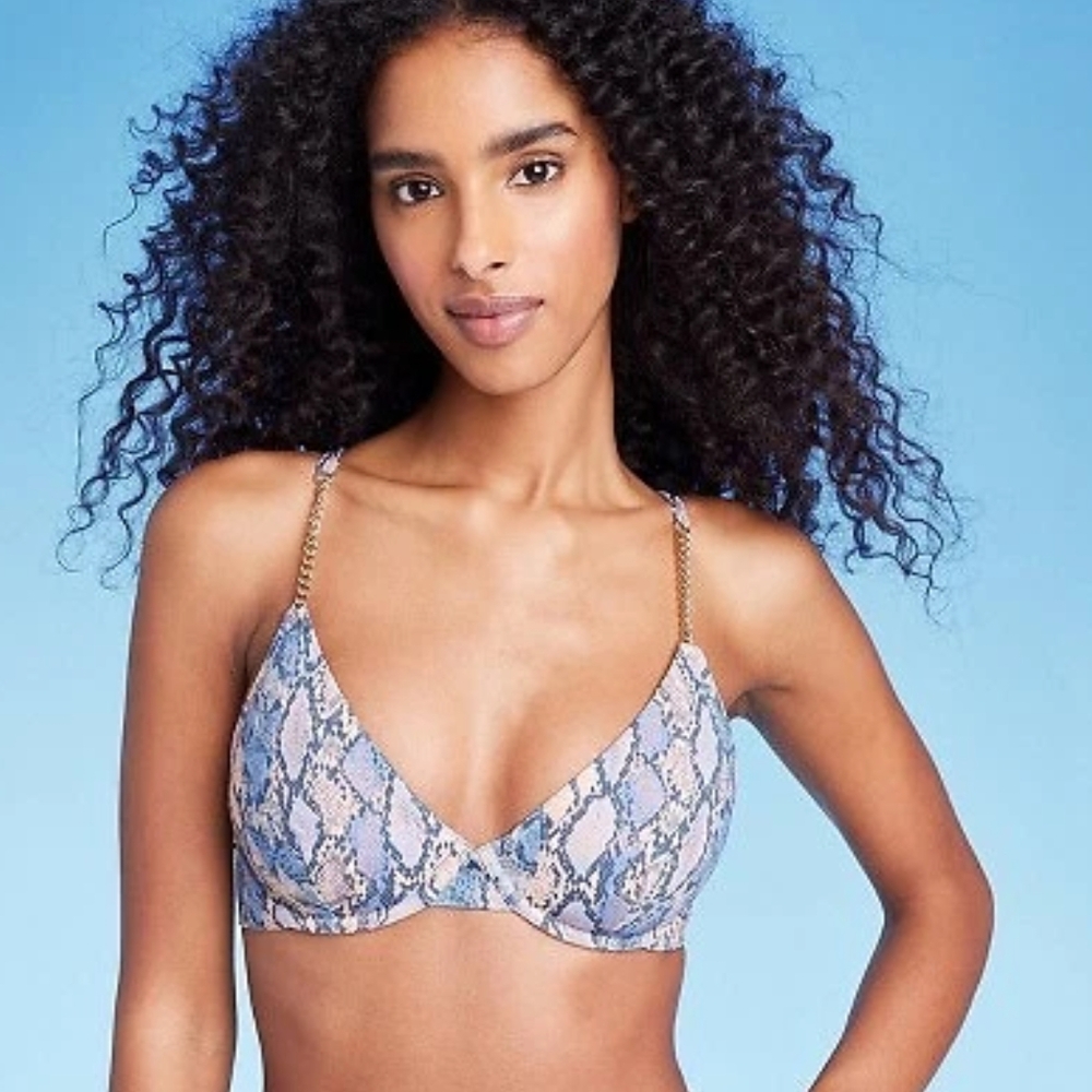 Shade & Shore Blue and Cream Swim Bra with Adjustable Straps